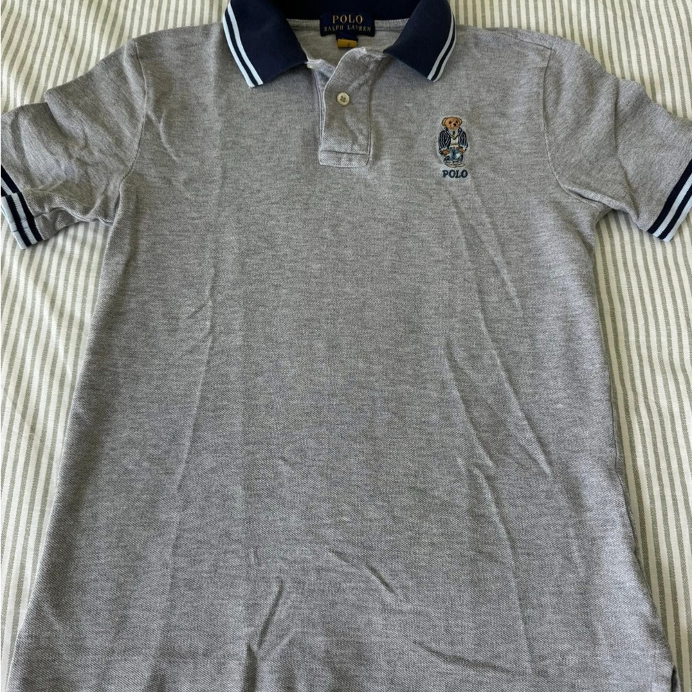 Polo by Ralph Lauren Light Gray Polo with Navy Trim and Bear Embroidery